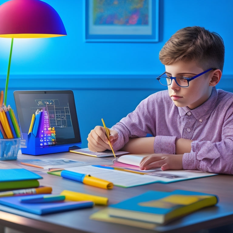 A colorful illustration of a 7th grader sitting at a desk, surrounded by textbooks and pencils, with a laptop open in front of them, displaying a math game with animations and bright graphics.