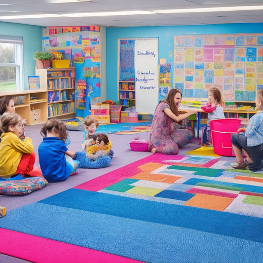 A vibrant, clutter-free classroom with colorful rugs, interactive whiteboards, and shelves overflowing with diverse books, puzzles, and educational toys, surrounded by enthusiastic students and a smiling teacher.