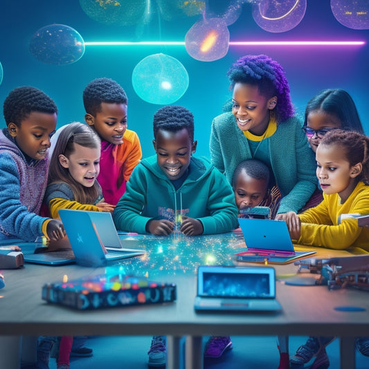 A vibrant illustration of diverse children aged 6-12 gathered around a large, glowing puzzle piece table, surrounded by laptops, tablets, and robots, with thought bubbles and sparks emanating from their heads.