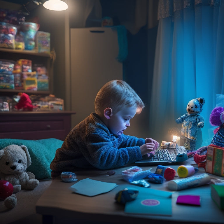 A cluttered, dimly lit home workspace with a young child slumped over a laptop, surrounded by scattered toys, papers, and empty snack wrappers, with a faint, blurred image of a teacher on the screen.
