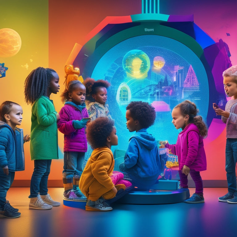 A colorful illustration of diverse children aged 6-12 gathered around a futuristic, glowing math portal, surrounded by 3D shapes, robots, and interactive math tools, with a subtle cityscape in the background.