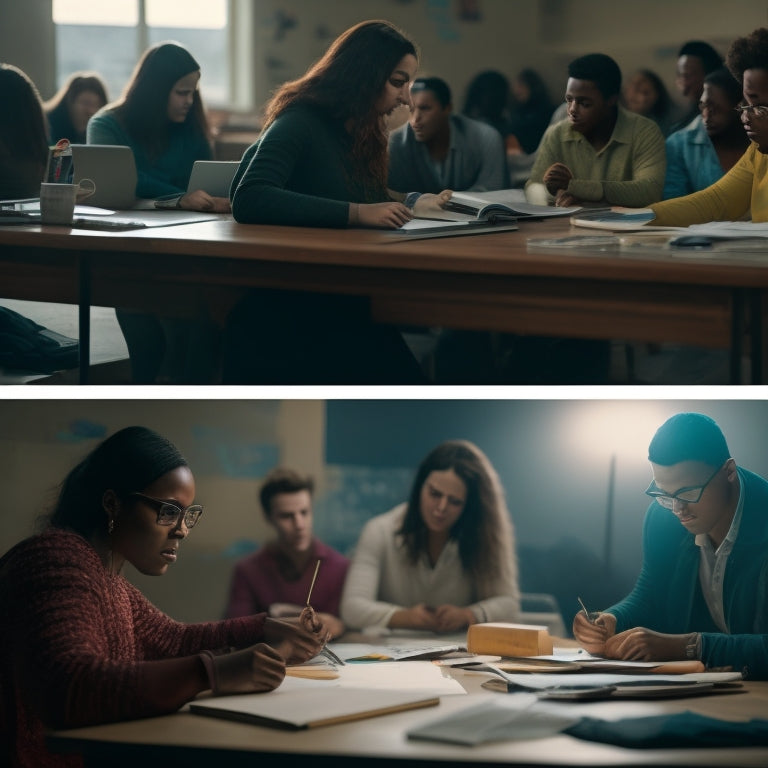 A split-screen image: a cluttered, dimly lit college classroom with students slumped at desks, versus a bright, organized home study space with a laptop and a single student smiling, surrounded by notes and pencils.