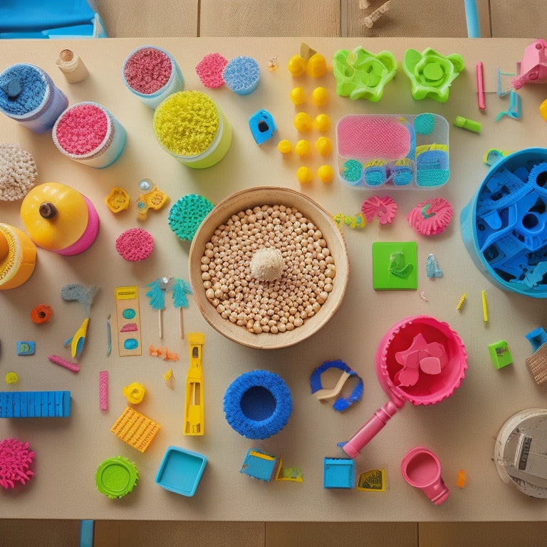 A colorful, clutter-free table with various STEM kits and materials, including building blocks, magnets, gears, and a miniature robot, surrounded by curious preschoolers' hands and faces, engaged in exploration and play.