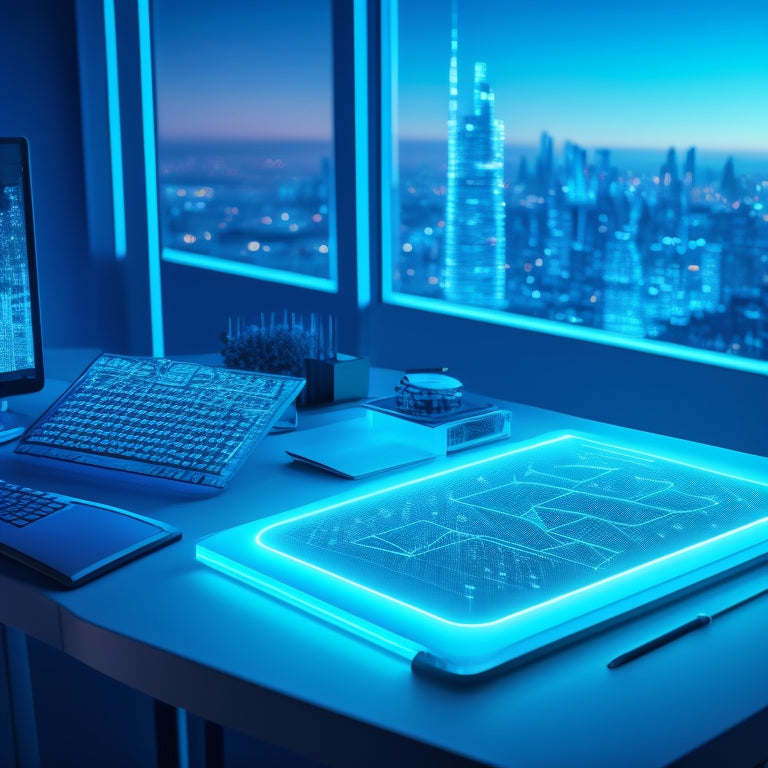 A futuristic, minimalist desk with a tablet and stylus, surrounded by swirling math equations and shapes in neon blue and green, with a subtle cityscape background at dusk.