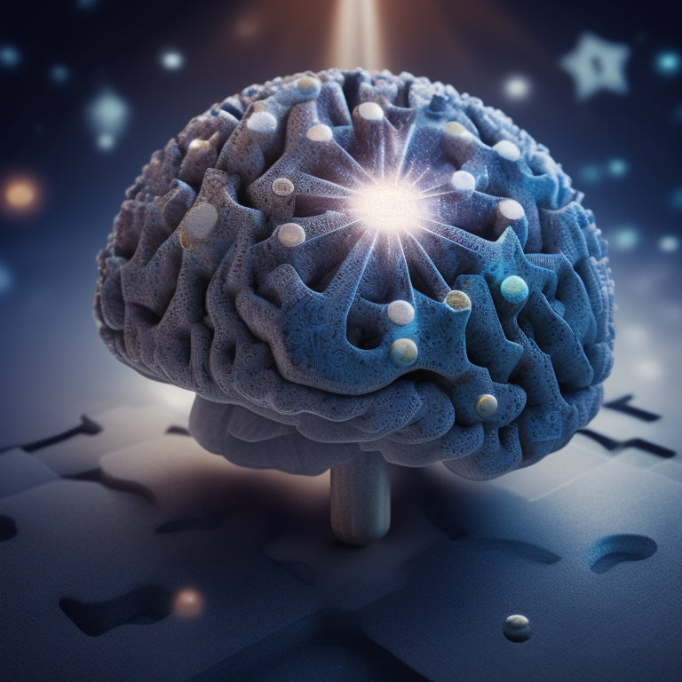 An illustration of a customized puzzle piece fitting perfectly into a brain, surrounded by orbiting gears and stars, with a subtle background of mathematical symbols and equations.