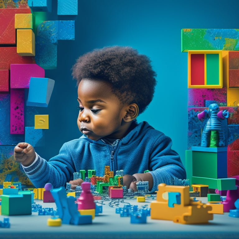 A colorful illustration of a curious child surrounded by puzzle pieces, building blocks, and a tablet with a thought bubble, set against a background of gears, circuits, and brain waves.