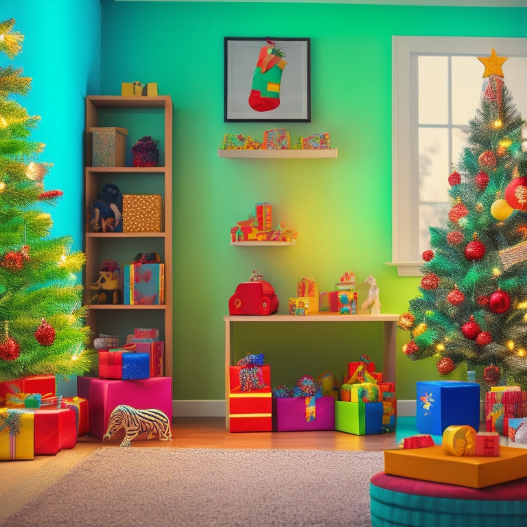 A colorful, clutter-free playroom with a few carefully selected toys on a shelf, surrounded by festive holiday decorations, with a subtle Christmas tree in the background.