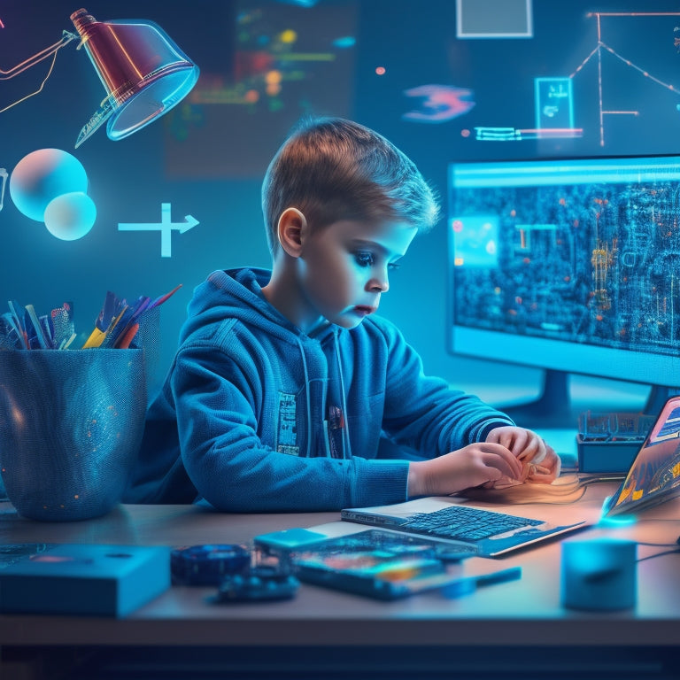 A colorful, futuristic illustration of a kid sitting at a desk, surrounded by various digital devices, with virtual 3D science models and diagrams floating around them, amidst a subtle background of circuit boards and coding patterns.