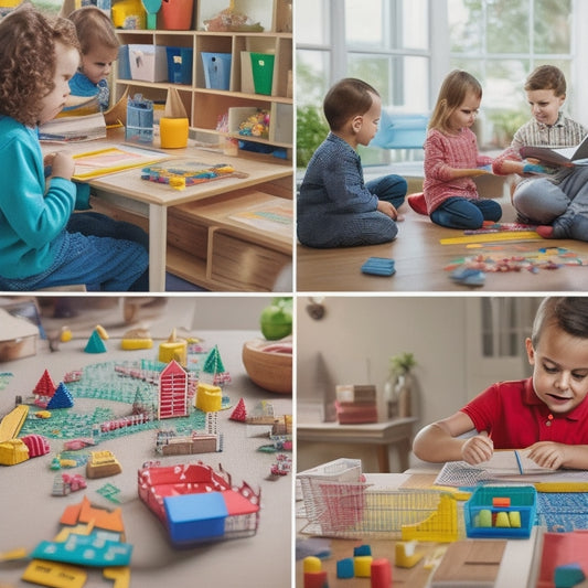 A warm and organized homeschooling space with a laptop open to a math lesson, surrounded by colorful manipulatives, pencils, and a happy child's hands engaged in learning.