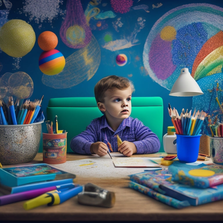 A whimsical illustration of a child sitting at a desk, surrounded by colorful papers, pencils, and paintbrushes, with a thought bubble filled with vibrant, swirling patterns and shapes.