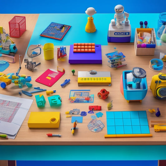 A colorful, clutter-free desk with various STEM toys and tools, including a robotics kit, coding blocks, a 3D puzzle, and a microscope, surrounded by scattered papers with math equations and diagrams.