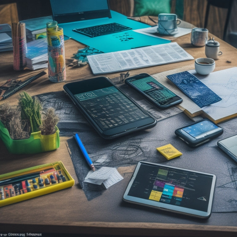 A cluttered teenage desk with a laptop, scattered notebooks, and pencils, surrounded by mathematical symbols and formulas scribbled on sticky notes, with a few smartphones nearby, displaying various math apps.