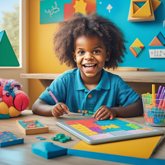 A colorful illustration of a smiling child sitting at a table surrounded by interactive math tools like geometry shapes, puzzles, and a tablet with a math game open, with a subtle summer background.