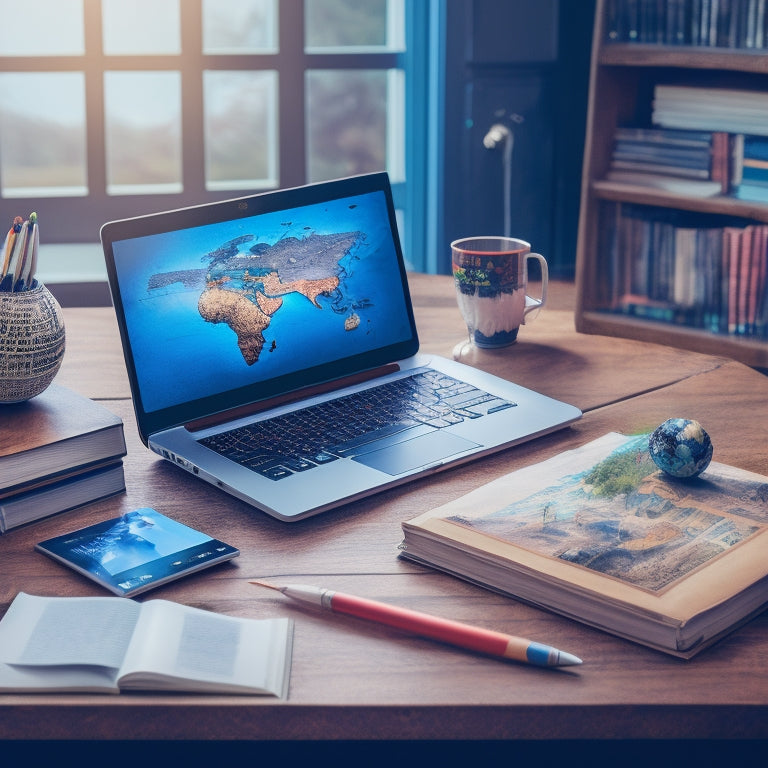 An illustration of a homeschooling setup with a laptop, tablet, and desktop computer open to various digital curriculum platforms, surrounded by books, pencils, and a globe, set against a warm, natural background.