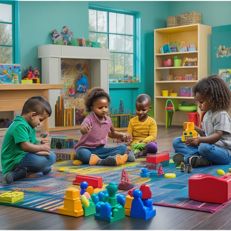 A colorful, clutter-free playroom with a diverse group of children (ages 4-8) engaged in various critical thinking activities: building bridges with blocks, solving puzzles, and playing strategy board games.