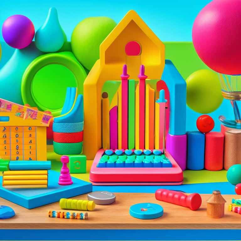 A colorful illustration of a kindergarten classroom with a math-themed backdrop, featuring a variety of tools: number lines, counting blocks, geometric shapes, and a abacus, arranged in a playful, organized manner.