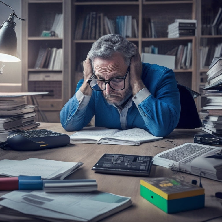 An illustration of a frazzled adult sitting at a desk, surrounded by scattered math textbooks, broken pencils, and a laptop with a plethora of open tabs, amidst a subtle background of confusing math equations.