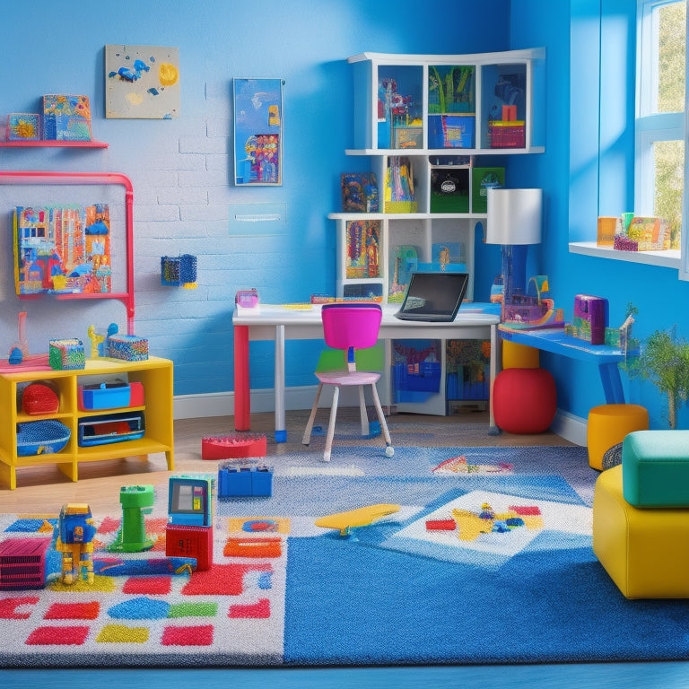 A colorful, clutter-free playroom with 5 distinct digital toys: a coding robot, a kid-friendly laptop, a build-your-own tablet, a STEM-themed video game console, and a virtual reality headset surrounded by blocks and wires.