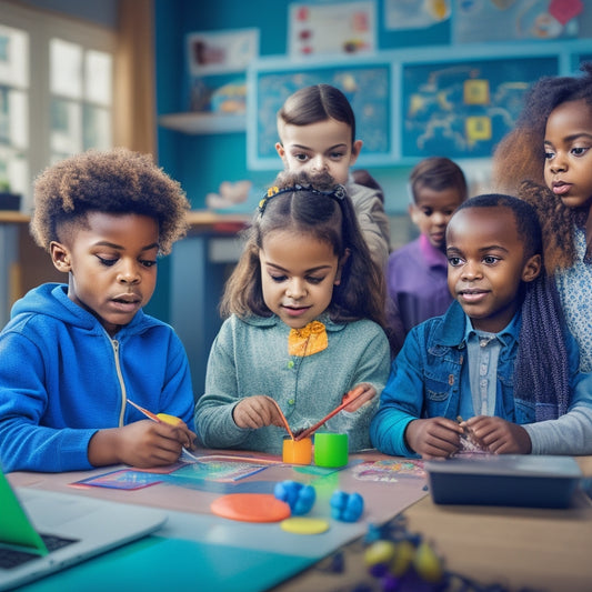 A vibrant illustration of a diverse group of children gathered around a tablet, engaged in various educational activities, surrounded by colorful icons, diagrams, and subtle learning-related elements.