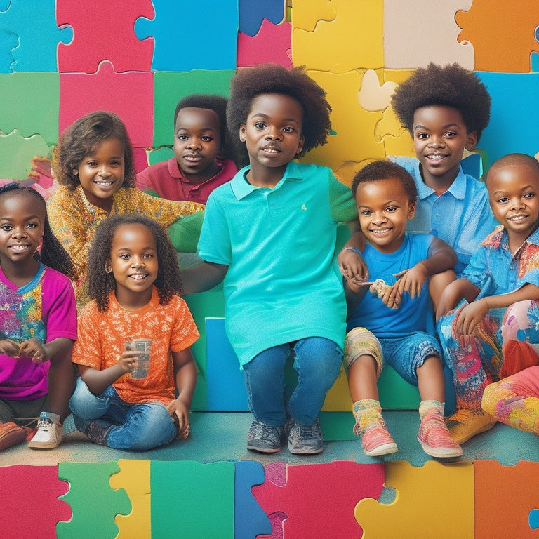 A colorful illustration of a diverse group of children, each holding a unique, customized puzzle piece, surrounded by scattered puzzle pieces with mismatched shapes and colors, set against a warm, calming background.