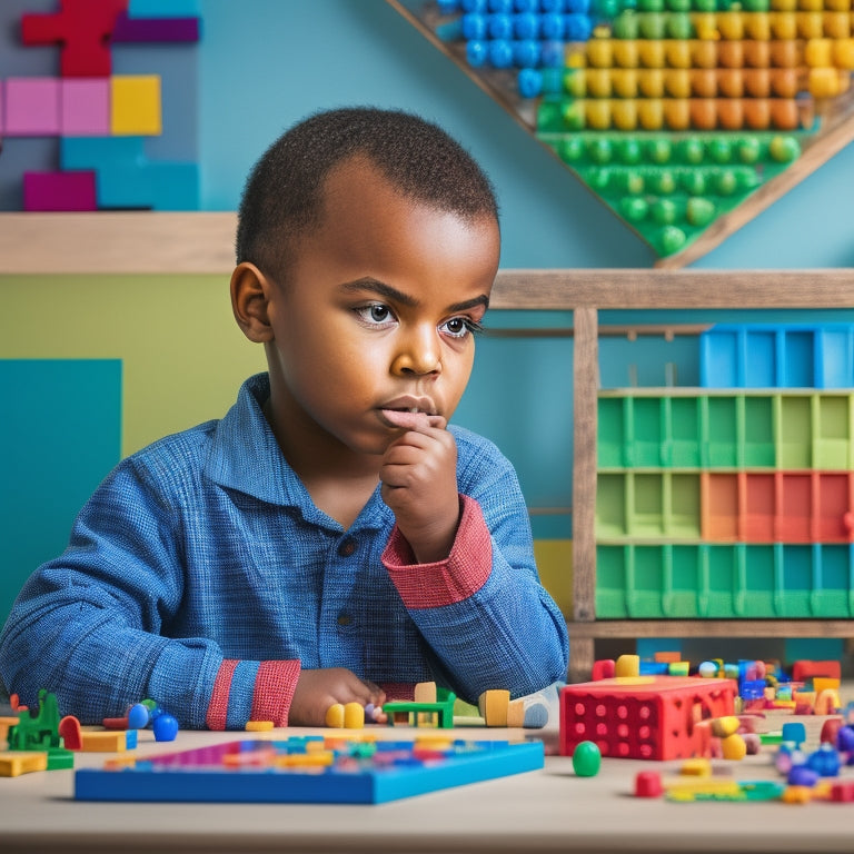 A colorful, clutter-free background with a centered, autistic child (ages 8-12) intensely focused on a puzzle, surrounded by various math toys like geometric shapes, pattern blocks, and a abacus.