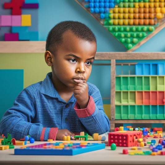 A colorful, clutter-free background with a centered, autistic child (ages 8-12) intensely focused on a puzzle, surrounded by various math toys like geometric shapes, pattern blocks, and a abacus.