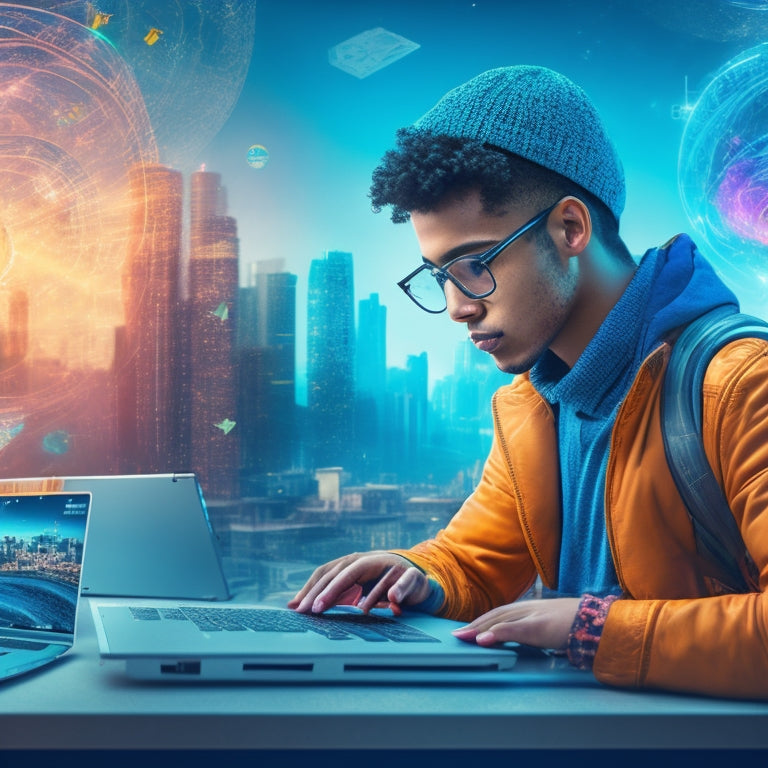 A colorful, futuristic illustration depicting a student surrounded by swirling math equations, tablets, and laptops, with a subtle cityscape or futuristic background, conveying technology and innovation.