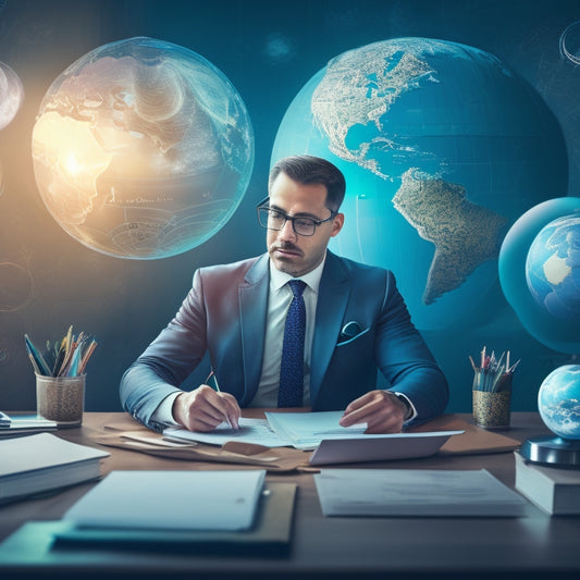 An illustration of a teacher sitting at a desk, surrounded by laptops and tablets, with a globe and math symbols floating above, amidst a subtle background of swirling equations and graphs.