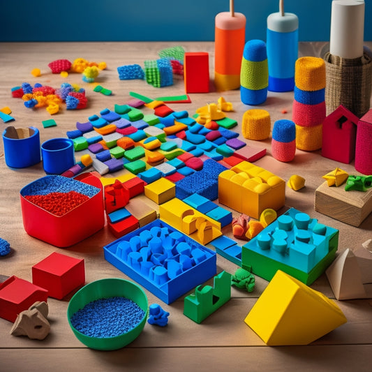 A vibrant, clutter-free table scattered with an assortment of colorful blocks, counting bears, pattern blocks, and geometric shapes in various textures, inviting children to explore and learn.