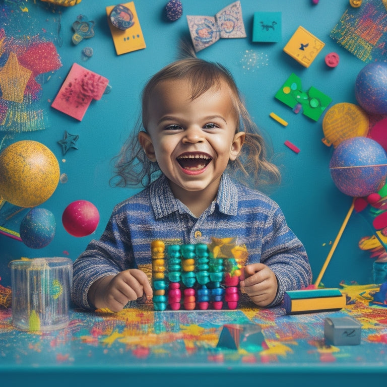 A colorful illustration showing a smiling child surrounded by various math tools, including a abacus, geometric shapes, a protractor, and a calculator, with confetti and stars in the background.