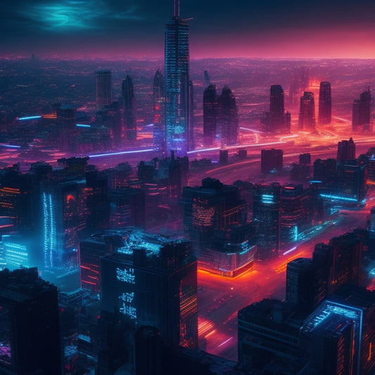 A futuristic, neon-lit cityscape at dusk, with pixelated RPG characters and symbols bursting out of screens and merging with the urban landscape, surrounded by circuit boards and motherboard patterns.
