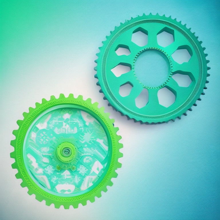A colorful, minimalist illustration featuring three stylized, interconnected gears with math symbols (e.g., +, -, x, /) subtly embedded within, surrounded by gentle, swirling patterns of light blue and green hues.