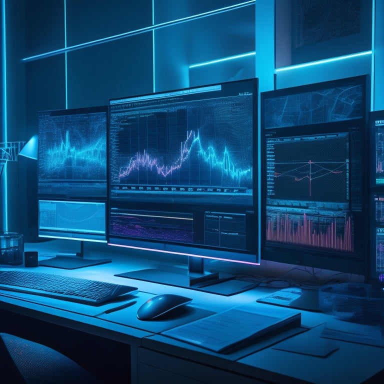 A futuristic, neon-lit desktop with multiple screens displaying various math graphs, charts, and formulas, surrounded by scattered notebooks, pencils, and a pair of glasses.