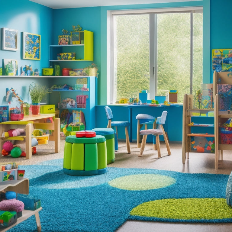 A colorful, clutter-free playroom with a diverse group of children (ages 4-8) engaging with various educational toys, including building blocks, puzzles, and art supplies, amidst a background of natural light and greenery.