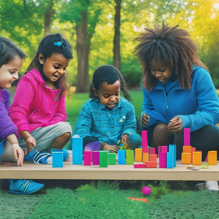 A colorful illustration of diverse children aged 6-12 engaged in various math and science activities: building with blocks, conducting experiments, creating with coding, and exploring nature outdoors.