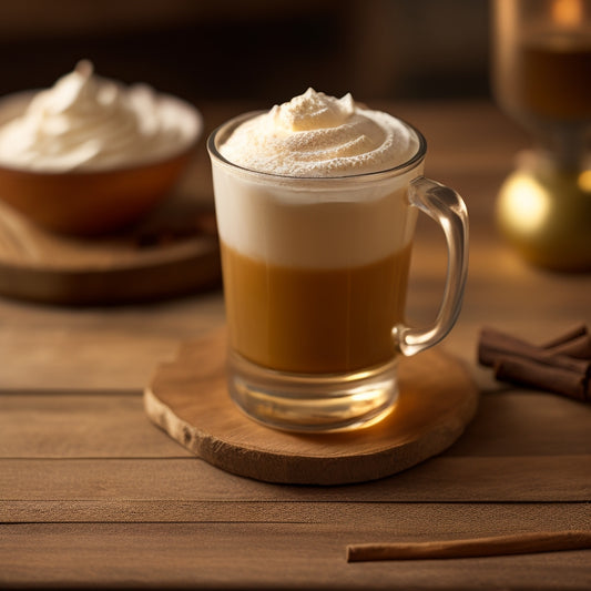A warm, golden-lit photograph of a frothy, creamy Butterbeer drink topped with whipped cream and a sprinkle of cinnamon, set against a rustic wooden table with a Hogwarts-inspired backdrop.