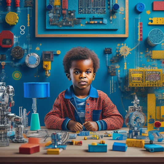 A whimsical illustration of a curious child surrounded by colorful STEM-inspired objects, including gears, robots, microscopes, and coding blocks, amidst a subtle background of circuit boards and mathematical symbols.