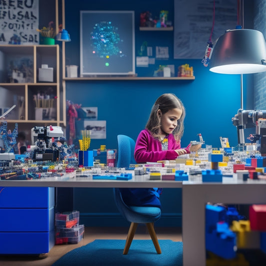 A colorful, clutter-free workspace with a 10-year-old girl building a robot, surrounded by scattered LEGO bricks, wires, and a microscope, with a cityscape or futuristic background.