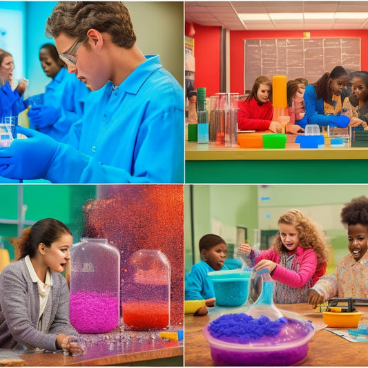 A bustling science laboratory with students of diverse ages and abilities, surrounded by colorful equipment, bubbling beakers, and erupting volcanoes, amidst a backdrop of vibrant diagrams and formulas on whiteboards.