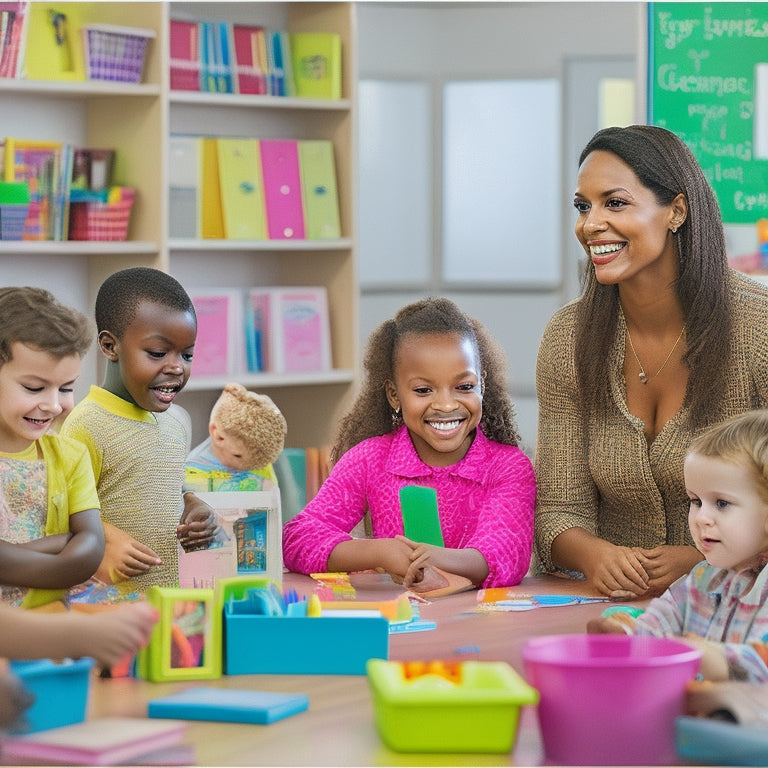 A colorful, clutter-free classroom scene with a smiling teacher surrounded by diverse preschoolers, engaging with interactive tools like tablets, puzzles, and storybook props, amidst a background of shelves filled with books and learning aids.