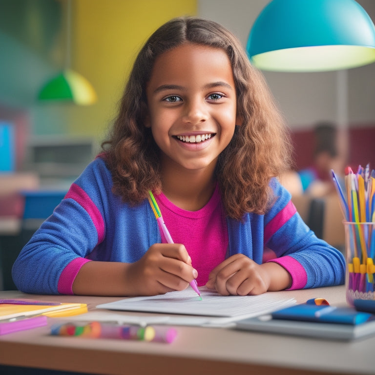 An illustration of a smiling middle school student sitting at a desk, surrounded by colorful pens, pencils, and a laptop, with a subtle background of math problems and worksheets.