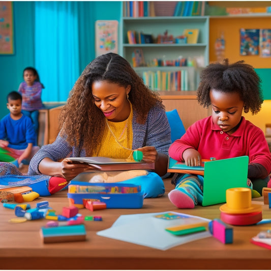 A warm, inviting illustration featuring a parent and child sitting together, surrounded by a variety of colorful learning tools and resources, including books, puzzles, and a laptop.