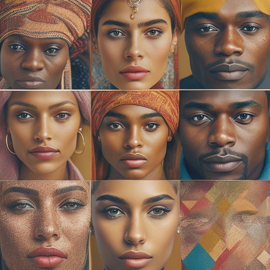 A vibrant, stylized collage of diverse faces, cultural patterns, and abstract shapes, blending warm and cool colors, with subtle texture and depth, conveying a sense of unity and celebration.