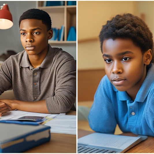 A split-screen image: a student surrounded by scattered math worksheets, looking frustrated, versus the same student sitting comfortably in front of a laptop, with a confident smile, surrounded by organized digital math resources.
