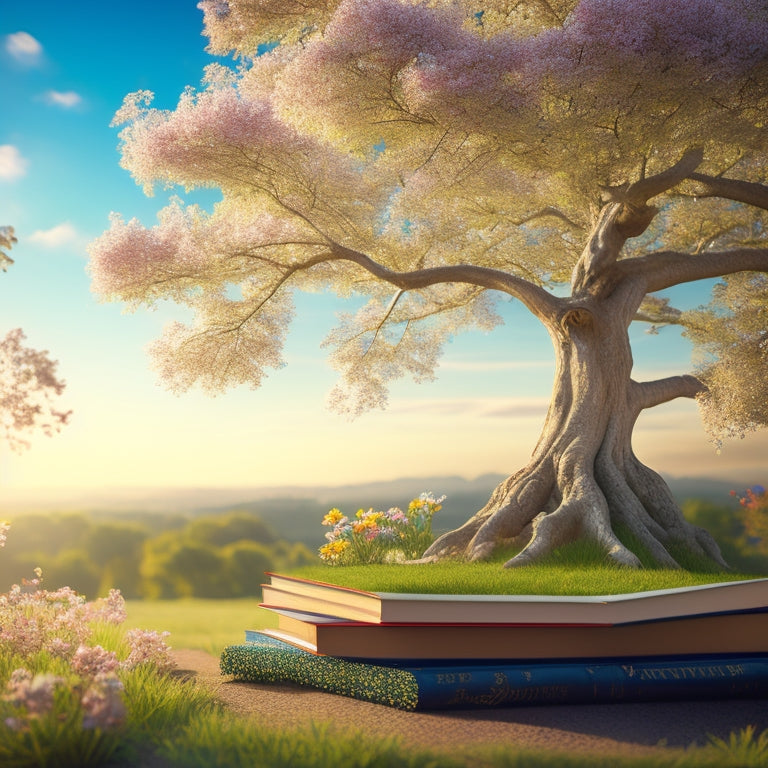 A serene, sunlit background with a majestic tree, its branches stretching upwards like outstretched arms, surrounded by scattered books, a globe, and a few blooming flowers, symbolizing growth and discovery.
