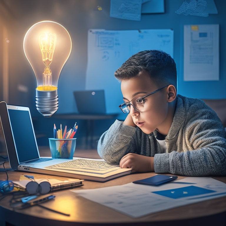 A digital illustration depicting a young student sitting in front of a laptop, surrounded by scattered math worksheets and pencils, with a thought bubble containing a glowing lightbulb and swirling math symbols.