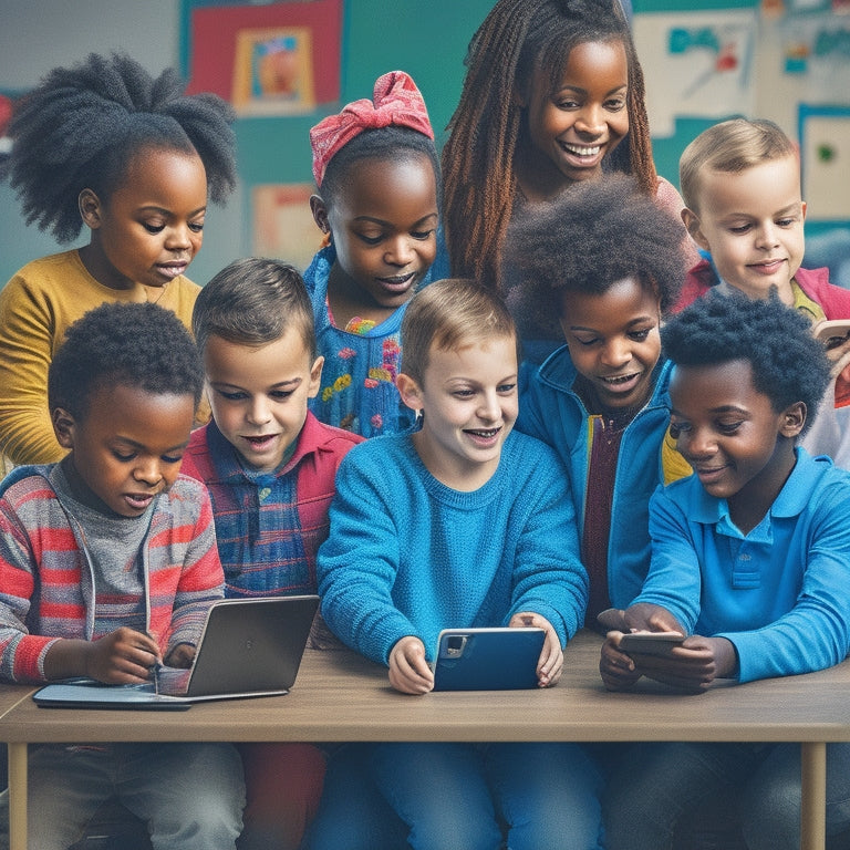 A colorful illustration of a diverse group of children with autism playing and learning together, surrounded by tablets and smartphones with educational apps open on the screens.