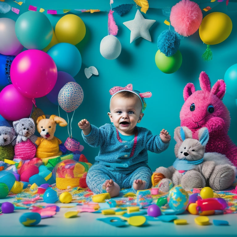 A whimsical, vibrant scene featuring a 9-month-old baby surrounded by a variety of colorful toys, including a stuffed rabbit, rattles, and soft blocks, with confetti and balloons in the background.