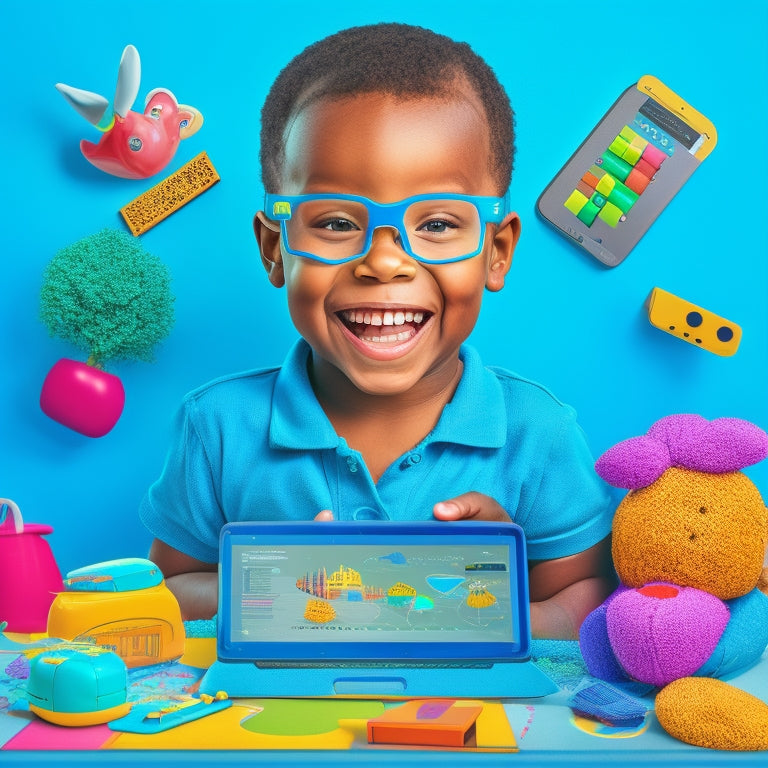 A colorful illustration of a smiling preschooler surrounded by virtual tools, including a tablet with educational apps, a virtual reality headset, and a laptop with interactive learning games.