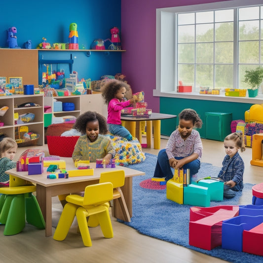 A colorful, clutter-free playroom with a diverse group of children aged 4-8 engaged in STEM-based activities, surrounded by toys and materials like blocks, robots, magnifying glasses, and building bridges.